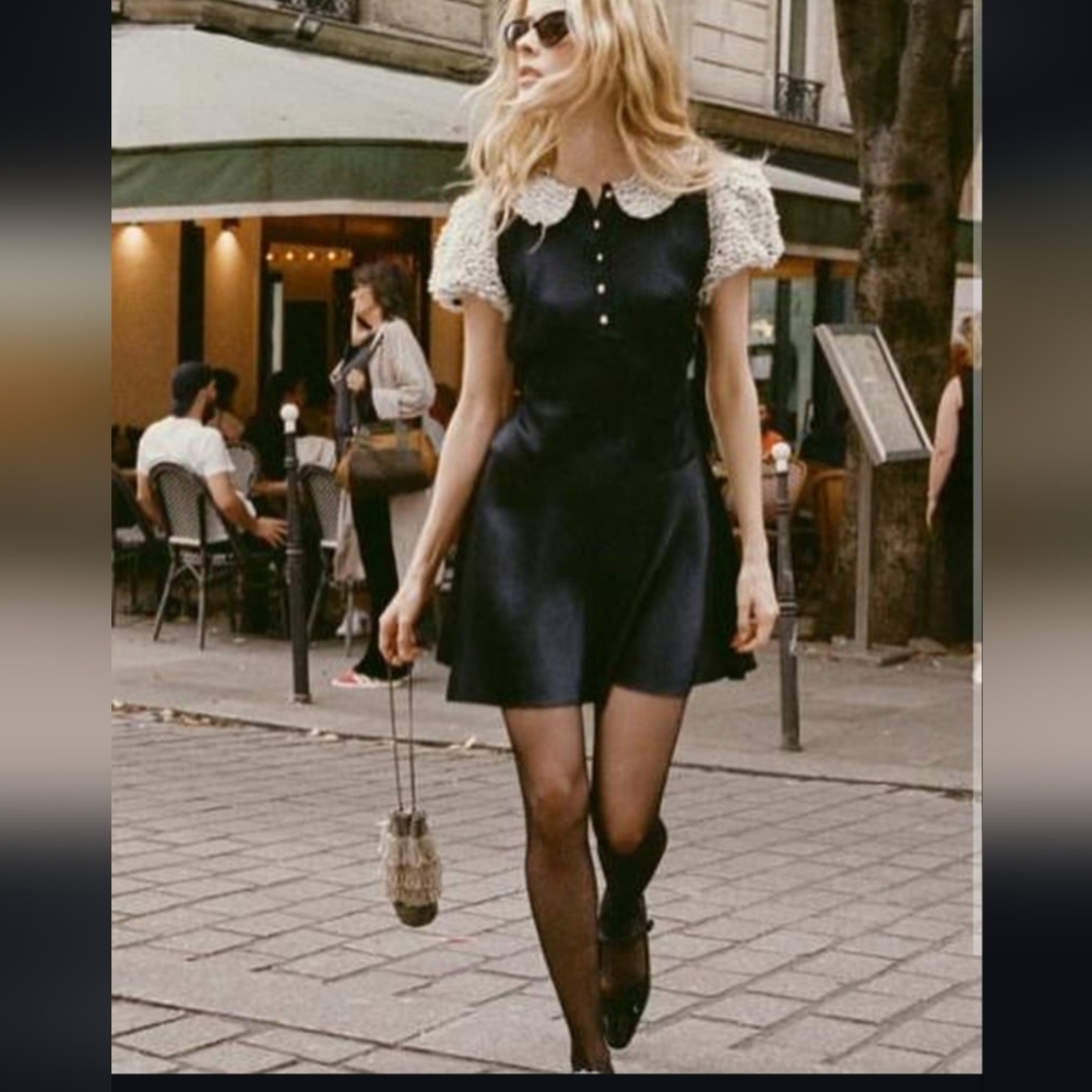 Dôen Miranda Dress Mini L Large Black Satin Cream Lace Mod 60's Crystals NWT NEW